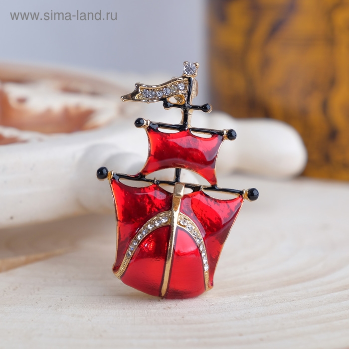 Брошь «Корабль» паруса, красная в золоте
