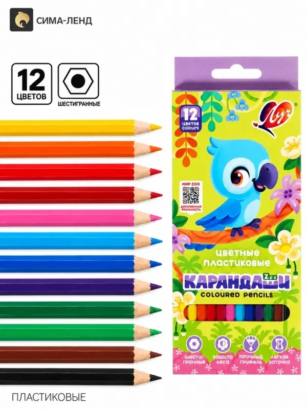Цветные карандаши 12 цветов ZOO, пластиковые, шестигранные