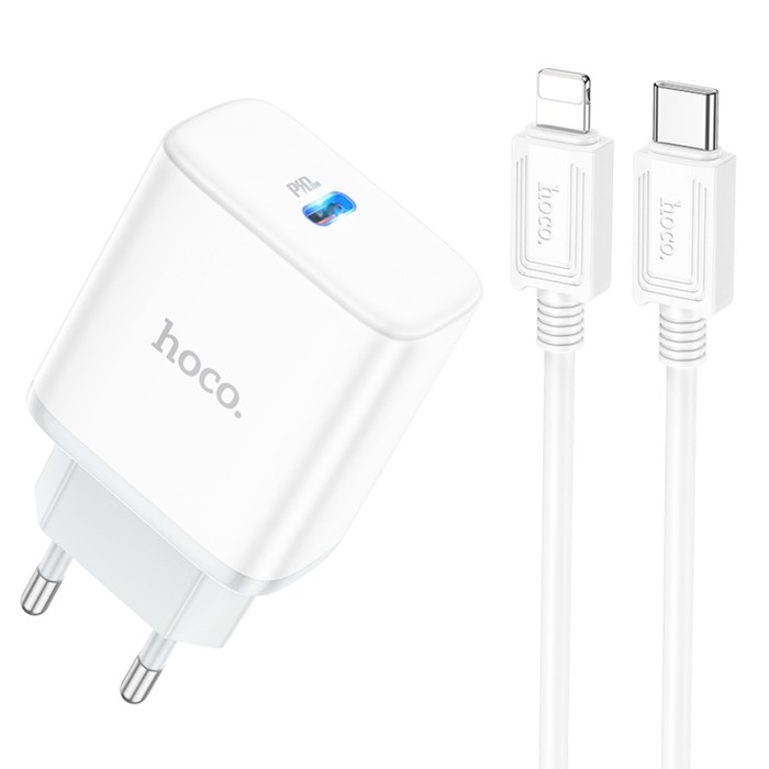 Сетевое зарядное устройство Hoco C104A, Type-C, 20 Вт, PD + QC, Type-C - Lightning,1 м,белое