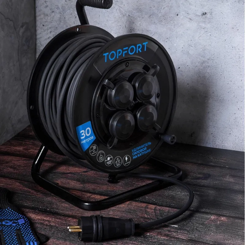 Удлинитель Topfort пласт. КГ 3x2,5 кв.мм 30м 16А 4 гнезда с/з.,с/загл.,IP44