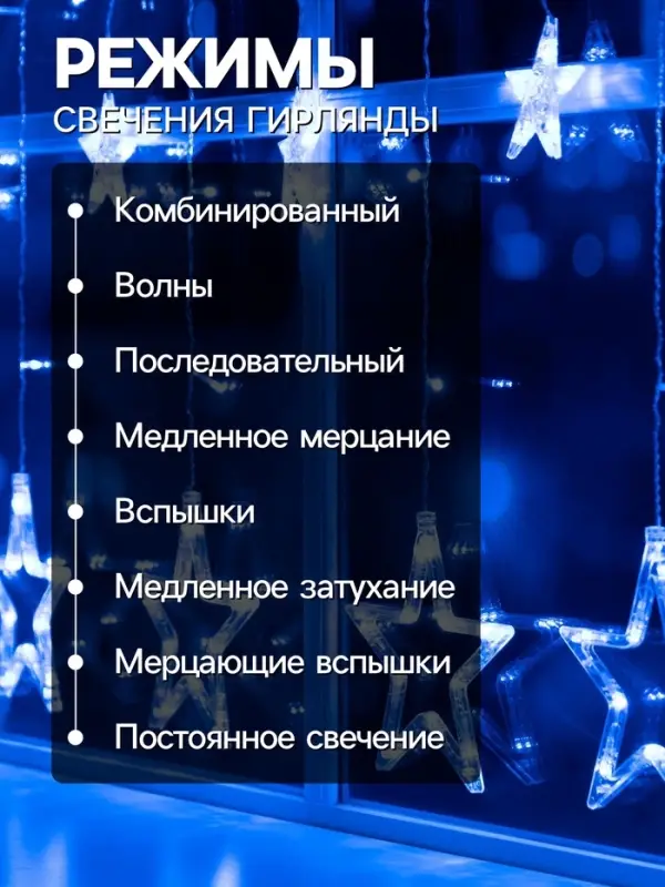 Гирлянда &laquo;Бахрома&raquo; 2.4&times;0.9 м с насадками &laquo;Звёзды&raquo;, IP20, прозрачная нить, 138 LED, свечение синее, 8 режимов, 220 В