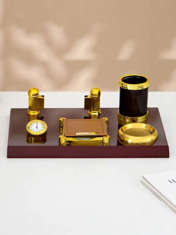 Набор настольный, органайзер 5 в 1 с визитницей и часами, красное дерево