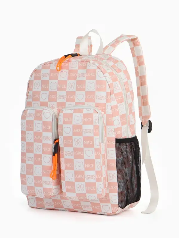 Рюкзак школьный на молнии, с карманами, в клетку, размер 30&times;14&times;43 см, розовый