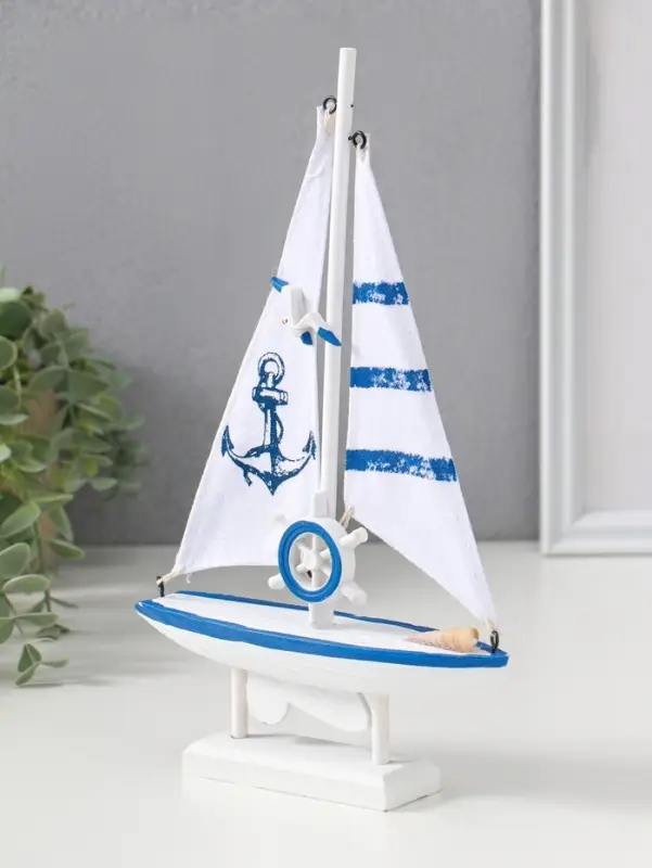 Сувенир дерево "Парусник с якорем на парусе" бело-синий 16,5х4,5х27,5 см