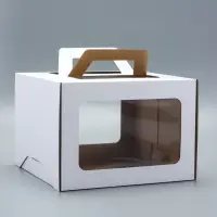 Коробка под торт 2 окна, с ручками, белая, + подложка 2.5 золото - белый, 28&times;28&times;20 см