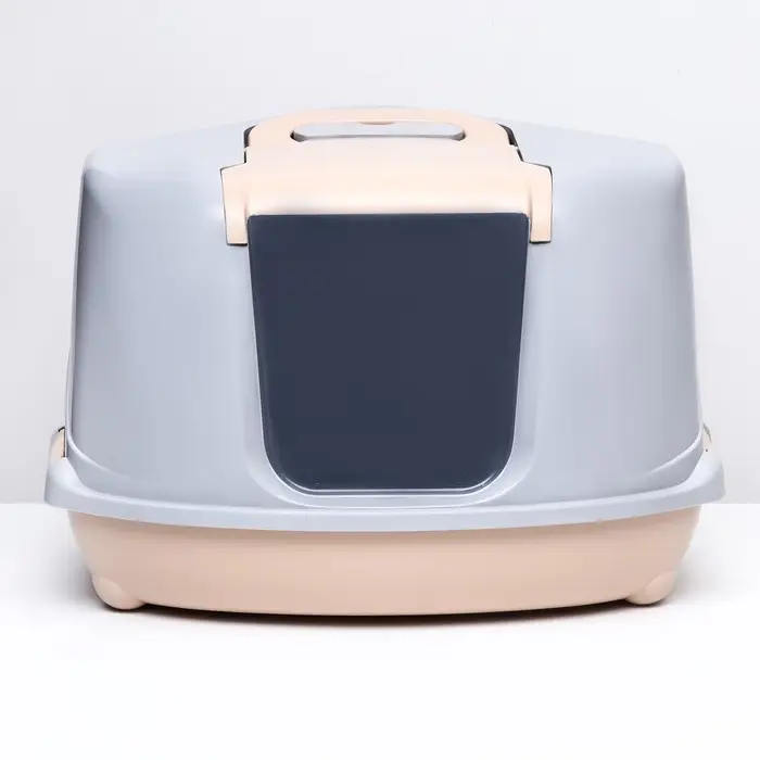 Туалет-домик угловой для кошек, 57&times;46&times;37 см, закрытый, с дверцей, бежевый, серый