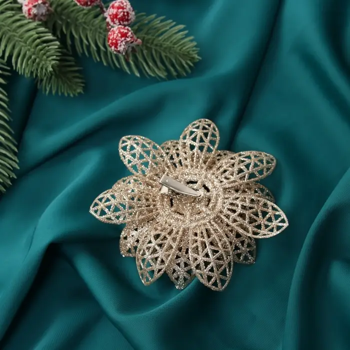 Набор ёлочных игрушек 3 шт. «Зимнее волшебство. Цветы блеск ажурные» пластик, на зажимах, 9 см, золото