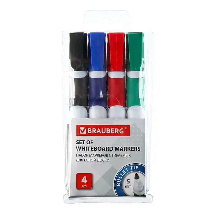 Набор маркеров для доски Brauberg. Soft, 4 цвета, узел 5.0 мм, ширина линии 5.0 мм, резиновая вставка, водные