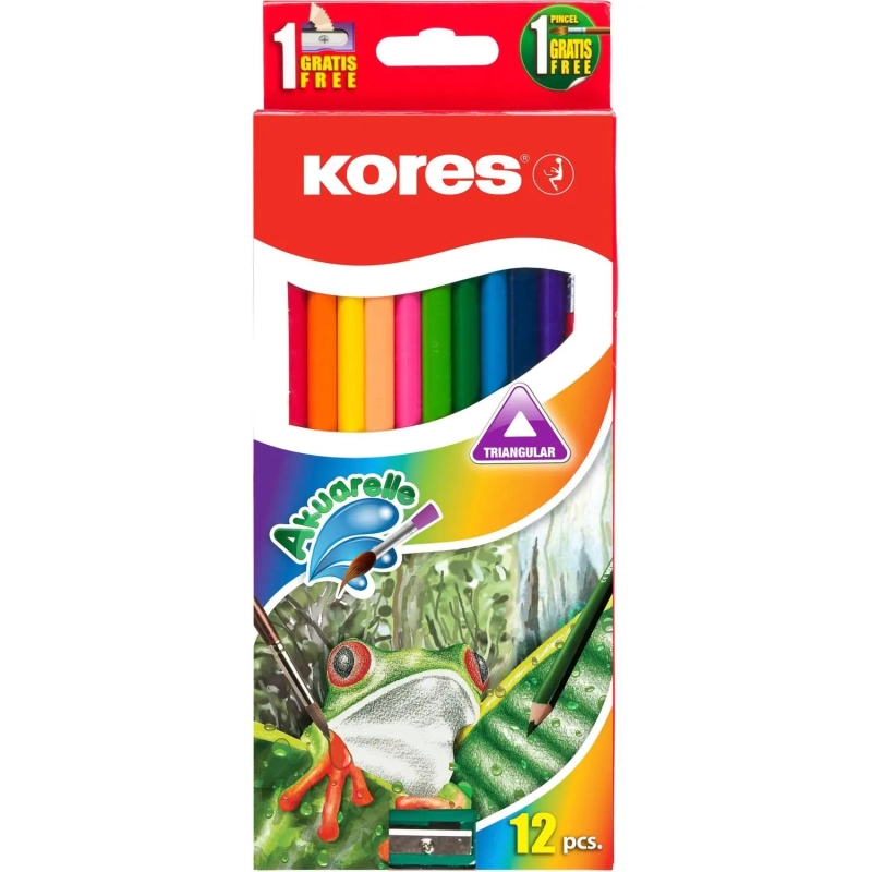 Карандаши акварельные цветные 12цв 3-гран,кисть,точилка Kores 93812
