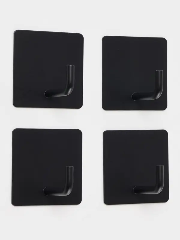 Набор крючков металлических на липучке 4 шт, квадрат, цвет черный