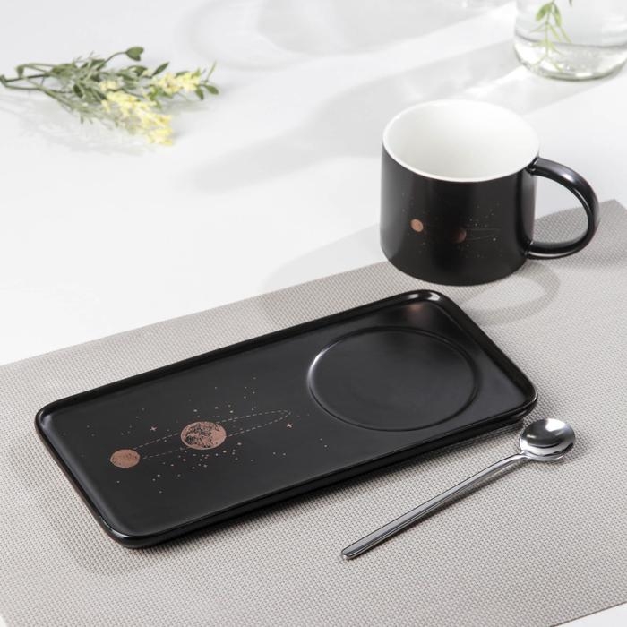 Чайная пара керамическая «Вселенная», чашка 280 мл, блюдце 24,5×12×7,5 см, ложка, цвет чёрный Чайная пара керамическая «Вселенная», чашка 280 мл, блюдце 24,5×12×7,5 см, ложка, цвет чёрный