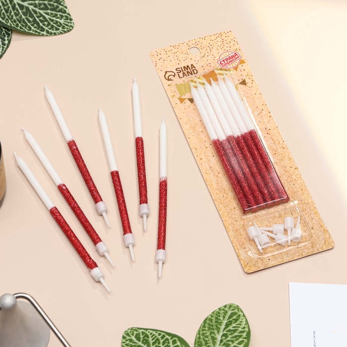 Свечи для торта Свечи для торта "Блестящее сияние", 6 шт, белые с красным