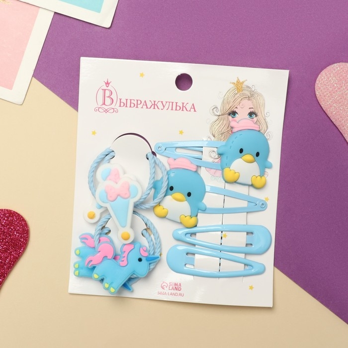 Набор для волос Набор для волос "Ванилька" (4 резинки, 4 невидимки) пингвинчики, голубой