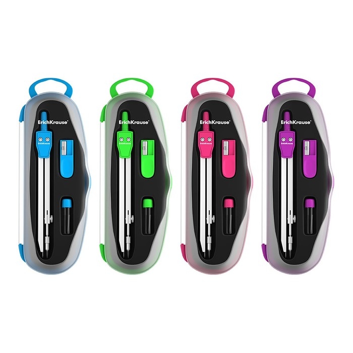 Готовальня ErichKrause S-Cool, 3 предмета, максимальный радиус 21 см, в футляре, европодвес, микс