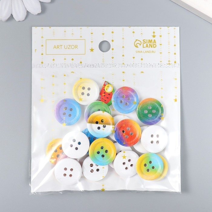 Пуговицы дерево для творчества 4 прокола "Радуга" набор 20 шт МИКС 1,8х1,8 см