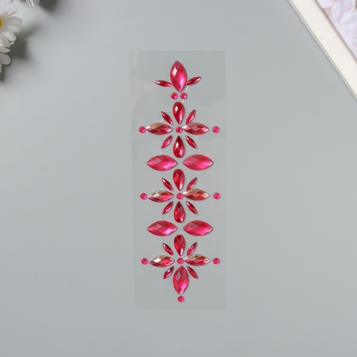 Наклейка пластик стразы "Цветы" малиновая 25х8,5 см