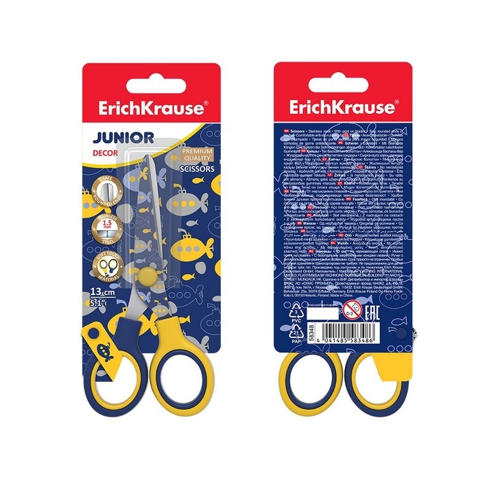 Ножницы детские 13 см, ErichKrause Junior Decor Submarine, с принтом на лезвиях, закруглённые концы, блистер Ножницы детские 13 см, ErichKrause Junior Decor Submarine, с принтом на лезвиях, закруглённые концы, блистер