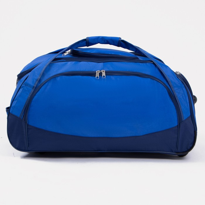 Сумка дорожная на колёсах, отдел на молнии, отдел для обуви, 3 наружных кармана, длинный ремень, цвет синий/василёк Сумка дорожная на колёсах, отдел на молнии, отдел для обуви, 3 наружных кармана, длинный ремень, цвет синий/василёк