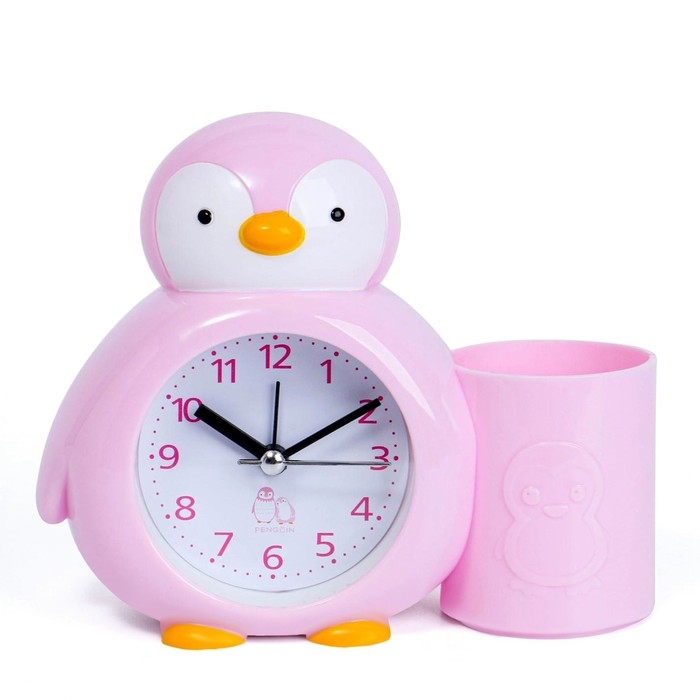 Будильник Будильник "Пингвинёнок", с карандашницей, дискретный ход, d-6 см, 12 х 14.5 см, розовый