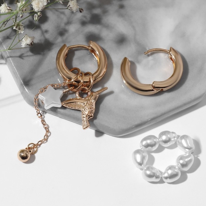 Серьги со съёмным элементом «Трансформер» птица, цвет белый в золоте Серьги со съёмным элементом «Трансформер» птица, цвет белый в золоте