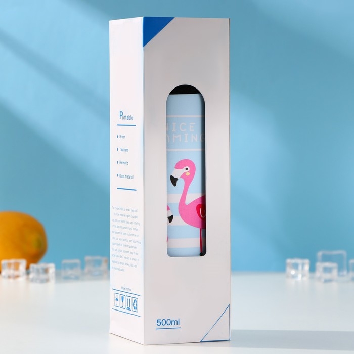 Бутылка для воды стеклянная с ручкой в чехле &laquo;Фламинго&raquo;, 500 мл, h=23,5 см, рисунок МИКС