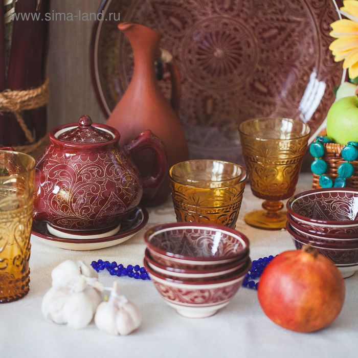 Набор чайный Риштанская Керамика Набор чайный Риштанская Керамика "Узоры", 9 предметов, (чайник 0.8 л, пиалы 0.3 л)