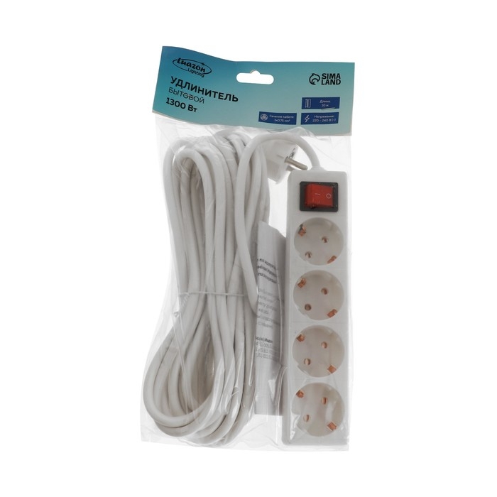 Удлинитель Luazon Lighting, 4 розетки, 10 м, 6 А, 1300 Вт, 3х0.75 мм2, с з/к, с выкл., Б Удлинитель Luazon Lighting, 4 розетки, 10 м, 6 А, 1300 Вт, 3х0.75 мм2, с з/к, с выкл., Б