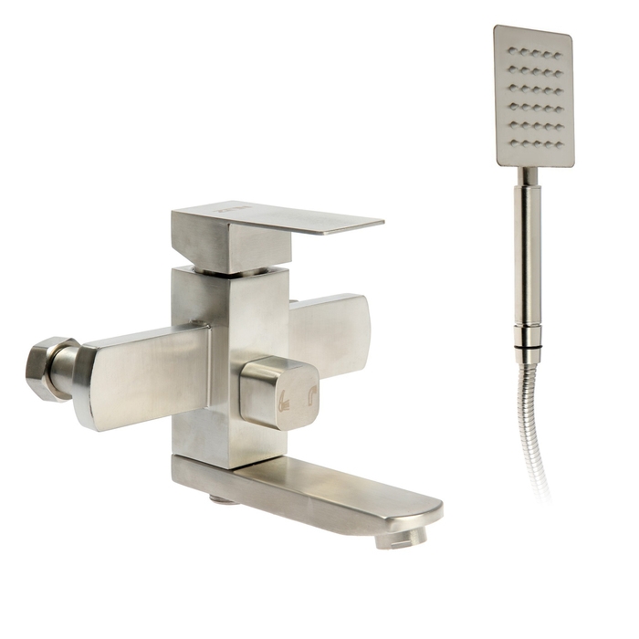 Смеситель для ванны ZEIN, квадрат, короткий излив, с душевым набором,  нержав сталь, сатин Смеситель для ванны ZEIN, квадрат, короткий излив, с душевым набором,  нержав сталь, сатин