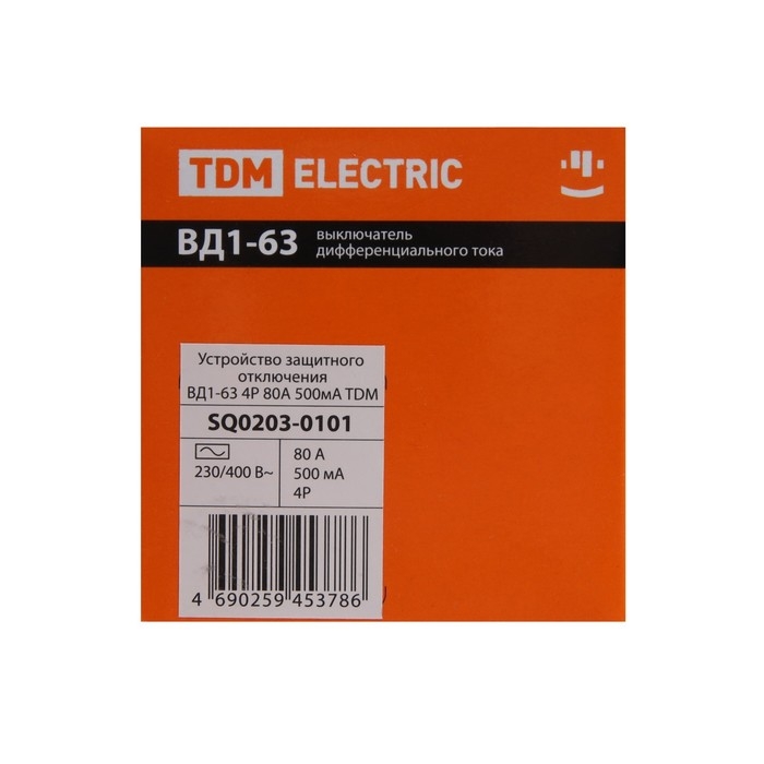 УЗО TDM ВД1-63, 4п, 80 А, 500мА, SQ0203-0101