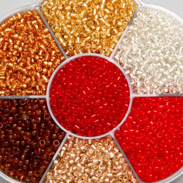 Бисер стекло 12/0 в цветке  Бисер стекло 12/0 в цветке "Огонь" цветной прозрачный 7 цветов х 8  гр 8,2х8,2х2 см