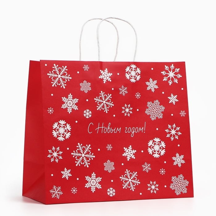 Пакет подарочный новогодний «Снежинки», белый крафт, 32 х 28 х 15 см , Новый год