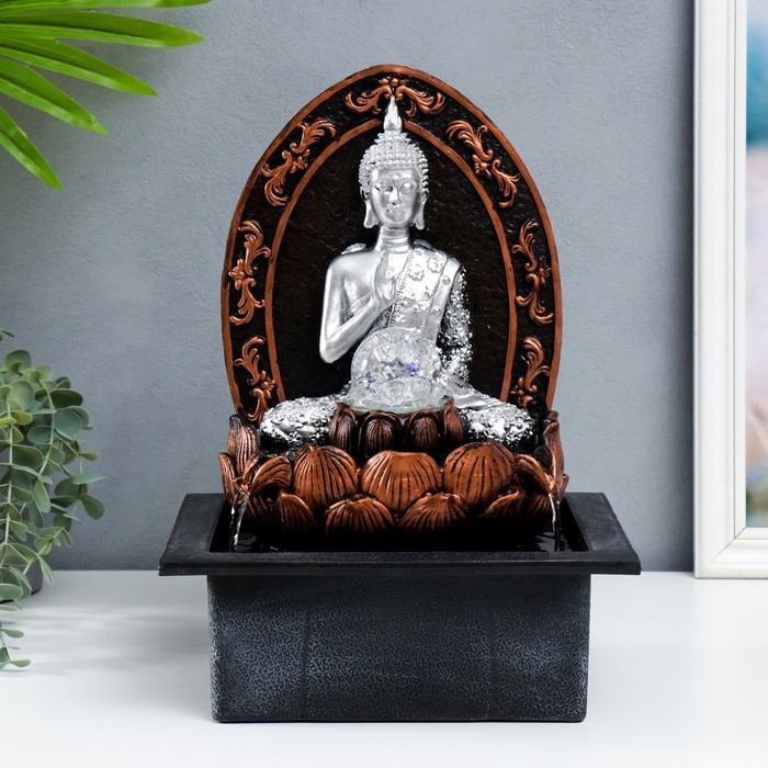 Фонтан настольный от сети, подсветка Фонтан настольный от сети, подсветка "Будда в арке у лотоса" серебро 35х25х20 см