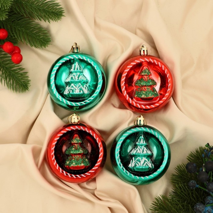 Набор шаров пластик d-8 см, 4 шт Набор шаров пластик d-8 см, 4 шт "Праздник" красный зелёный