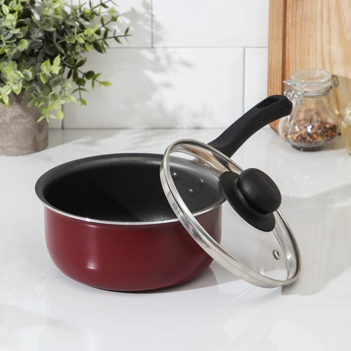 Ковш «Эксперт», 1,3 л, d=16 см, стеклянная крышка, пластиковая ручка, антипригарное покрытие, цвет бордовый Ковш «Эксперт», 1,3 л, d=16 см, стеклянная крышка, пластиковая ручка, антипригарное покрытие, цвет бордовый