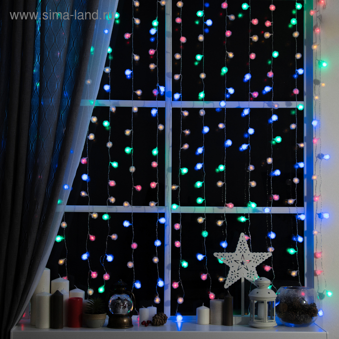 Гирлянда «Занавес» 2 × 1.5 м с насадками «Ёжики», IP20, прозрачная нить, 360 LED, свечение мульти, 8 режимов, 220 В