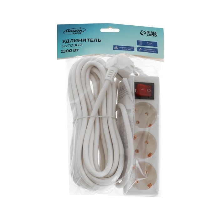 Удлинитель Luazon Lighting, 3 розетки, 7 м, 6 А, 1300 Вт, 3х0.75 мм2, с з/к, с выкл., Б Удлинитель Luazon Lighting, 3 розетки, 7 м, 6 А, 1300 Вт, 3х0.75 мм2, с з/к, с выкл., Б