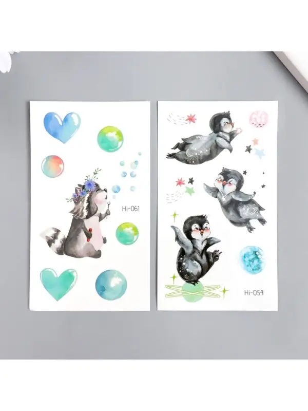 Переводная тату на тело цветная светящаяся &laquo;Енотик. Пингвины&raquo;, 6&times;10.5 см, МИКС