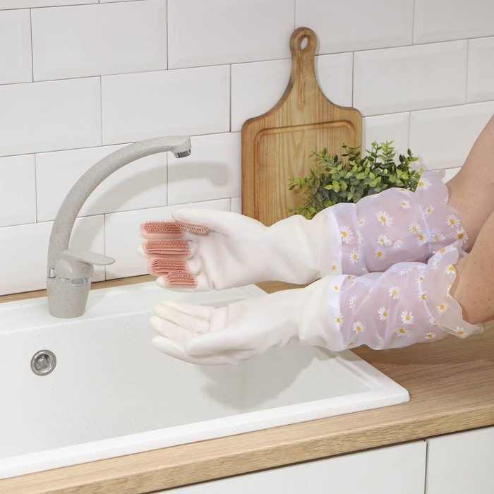 Перчатки хозяйственные Raccoon с щётками, манжетой и подкладом, размер L, 47 см, цвет белый Перчатки хозяйственные Raccoon с щётками, манжетой и подкладом, размер L, 47 см, цвет белый