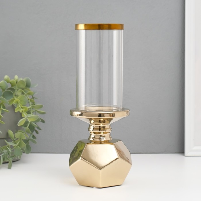 Подсвечник керамика, стекло на 1 свечу  Подсвечник керамика, стекло на 1 свечу "Грани" d=7,5 см золото 10,5х10,5х27 см