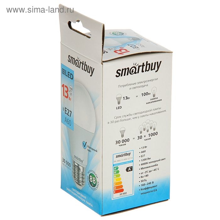 Лампа cветодиодная Smartbuy, E27, A60, 13 Вт, 4000 К, дневной белый свет Лампа cветодиодная Smartbuy, E27, A60, 13 Вт, 4000 К, дневной белый свет
