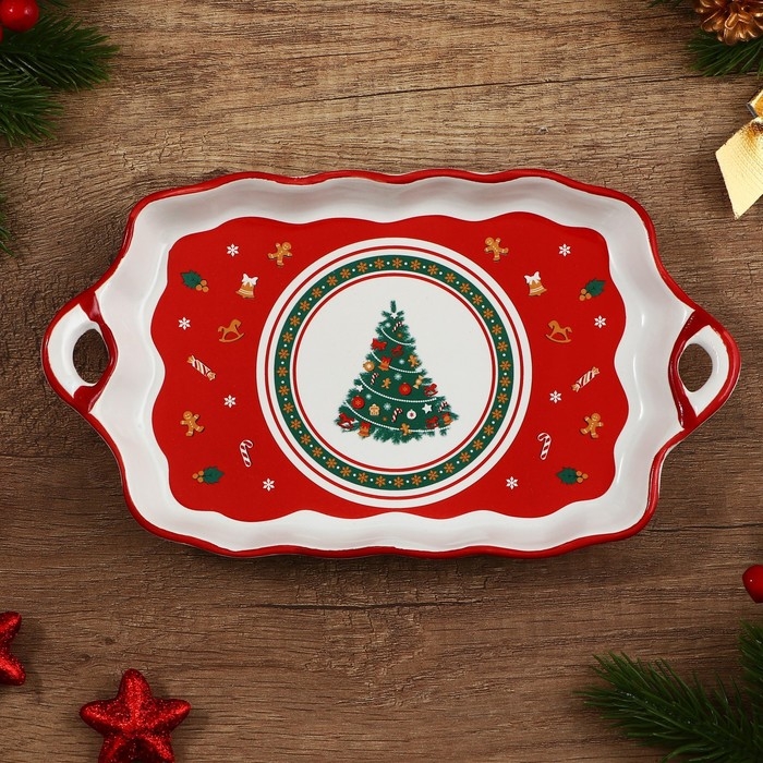 Новый год! Блюдо новогоднее керамическое «Пряничные человечки», 23х13х2.5 см, цвет белый