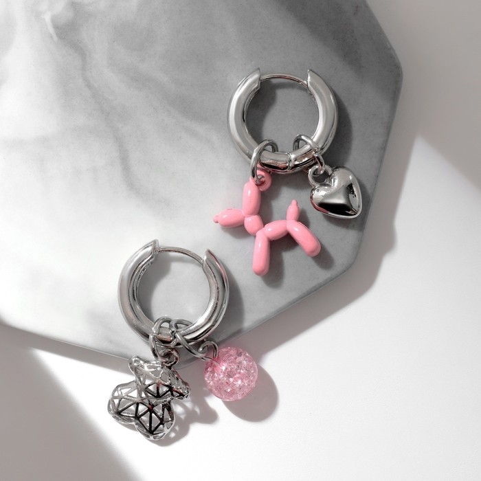 Серьги со съёмным элементом «Трансформер» мишка, цвет розовый в серебре Серьги со съёмным элементом «Трансформер» мишка, цвет розовый в серебре