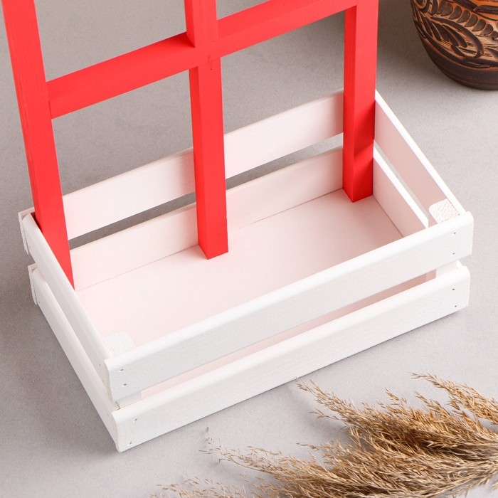 Кашпо деревянное 25×18×30 см "Букет под окном", с ручкой, белый розовый