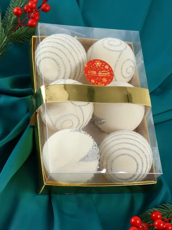 Набор шаров пластик d-8 см, 6 шт Набор шаров пластик d-8 см, 6 шт "Бархат. Фестиваль" завитки, белый