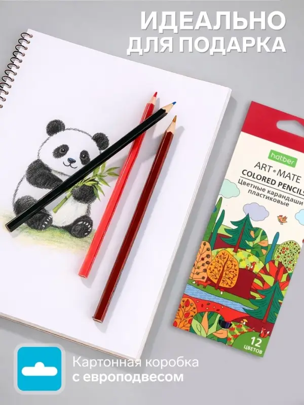 Карандаши цветные 12 цветов Hatber Mate пластиковые, с европодвесом