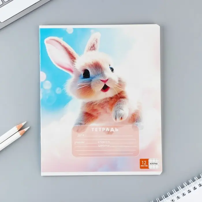 Тетрадь в клетку 12 листов А5, на скрепке &laquo;Пушистики&raquo;, обложка мелованный картон, блок №2, 5 видов МИКС