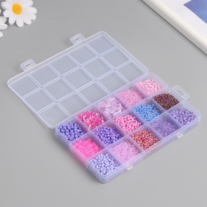 Бисер стекло 6/0, 8/0, 12/0 в шкатулке  Бисер стекло 6/0, 8/0, 12/0 в шкатулке "Сиреневый" стеклярус 15,5х9,5х1,6 см