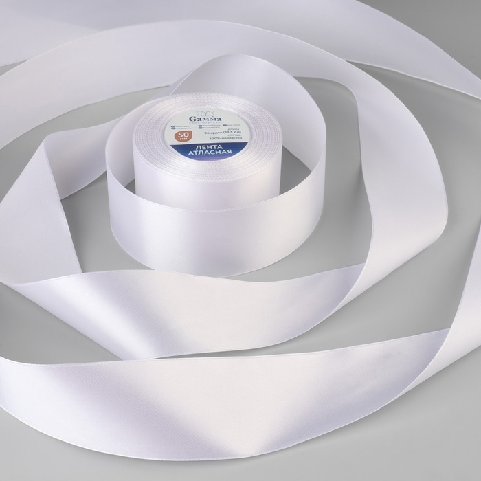Лента атласная, 50 мм × 33 ± 2 м, цвет белый №001 Лента атласная, 50 мм × 33 ± 2 м, цвет белый №001