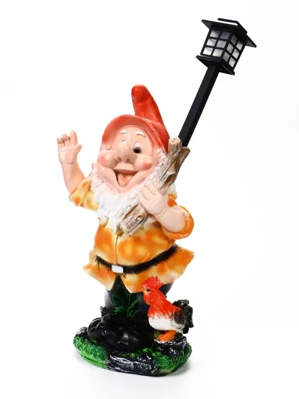 Садовая фигура - фонарь &laquo;Гном с фонарем и петухом&raquo; из полистоуна, 31&times;23&times;56 см