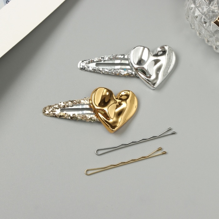 Невидимка для волос  Невидимка для волос "Беатрис" (набор 10 шт) сердце, 5 и 5,5 см, серебро золото